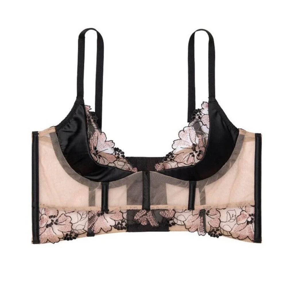 Victoria's Secret Lightly Lined Quarter Cup Longline Bra‎ Sz 32DD - Embroidered